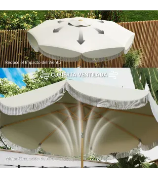 Sombrilla Boho de Ø2,7 m para Exterior con Protección UV30+ Manivela Manual y Techo Doble con Borlas Beige