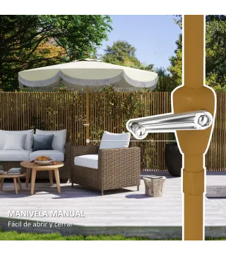 Sombrilla Boho de Ø2,7 m para Exterior con Protección UV30+ Manivela Manual y Techo Doble con Borlas Beige