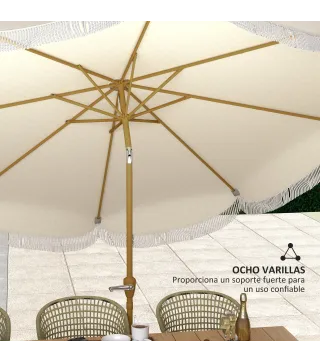 Sombrilla Boho de Ø2,7 m para Exterior con Protección UV30+ Manivela Manual y Techo Doble con Borlas Beige