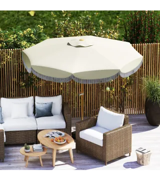Sombrilla Boho de Ø2,7 m para Exterior con Protección UV30+ Manivela Manual y Techo Doble con Borlas Beige