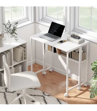 Escritorio Plegable con Ruedas Balda y Bolsillo de Almacenaje Ideal para Espacios Pequeños 80x50x75 cm Blanco