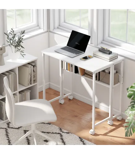 Escritorio Plegable con Ruedas Balda y Bolsillo de Almacenaje Ideal para Espacios Pequeños 80x50x75 cm Blanco