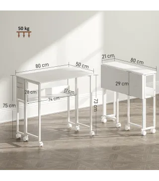 Escritorio Plegable con Ruedas Balda y Bolsillo de Almacenaje Ideal para Espacios Pequeños 80x50x75 cm Blanco