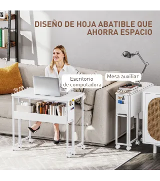Escritorio Plegable con Ruedas Balda y Bolsillo de Almacenaje Ideal para Espacios Pequeños 80x50x75 cm Blanco