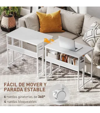Escritorio Plegable con Ruedas Balda y Bolsillo de Almacenaje Ideal para Espacios Pequeños 80x50x75 cm Blanco