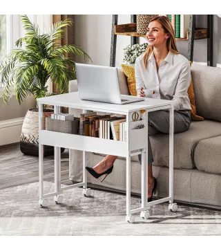 Escritorio Plegable con Ruedas Balda y Bolsillo de Almacenaje Ideal para Espacios Pequeños 80x50x75 cm Blanco