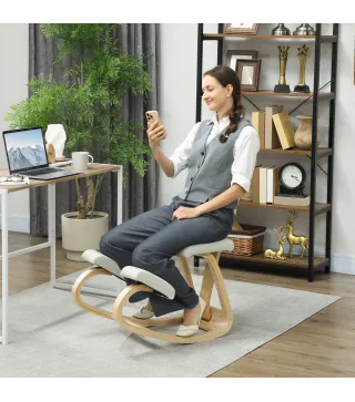 Silla Ergonómica de Rodillas con Respaldo Cojines Acolchados Marco de Madera para una Mejor Postura Oficina Crema