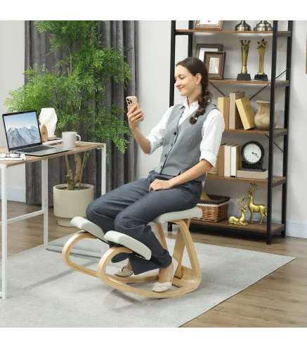 Silla Ergonómica de Rodillas con Respaldo Cojines Acolchados Marco de Madera para una Mejor Postura Oficina Crema