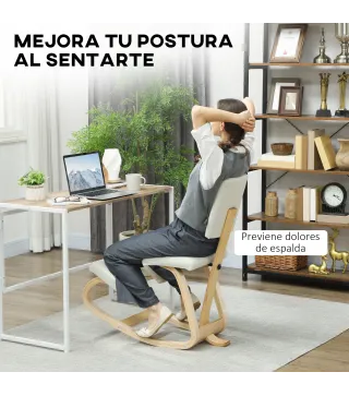 Silla Ergonómica de Rodillas con Respaldo Cojines Acolchados Marco de Madera para una Mejor Postura Oficina Crema