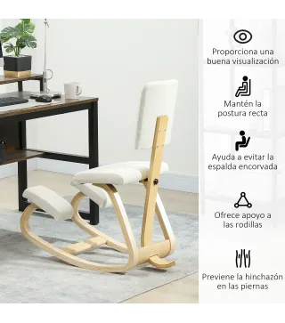 Silla Ergonómica de Rodillas con Respaldo Cojines Acolchados Marco de Madera para una Mejor Postura Oficina Crema