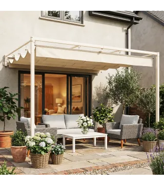 Pérgola de Pared de Jardín 3x3 m con Techo Retráctil Protección UPF30+ Drenaje Cenador de Jardín para Exterior Beige