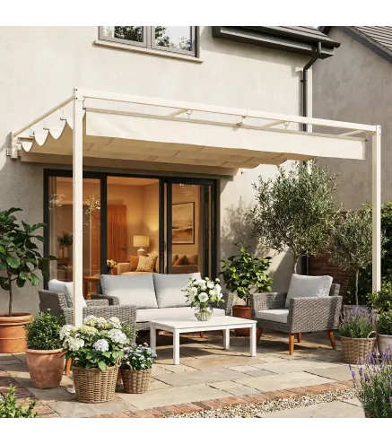 Pérgola de Pared de Jardín 3x3 m con Techo Retráctil Protección UPF30+ Drenaje Cenador de Jardín para Exterior Beige