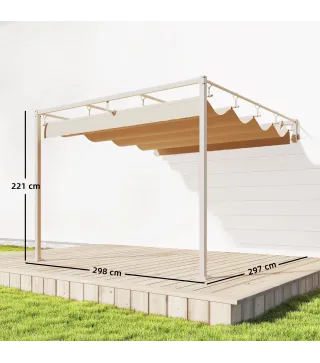 Pérgola de Pared de Jardín 3x3 m con Techo Retráctil Protección UPF30+ Drenaje Cenador de Jardín para Exterior Beige