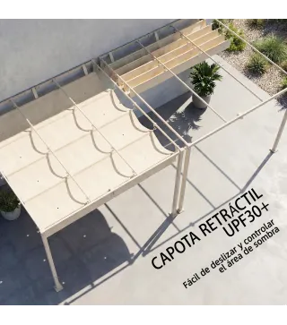 Pérgola de Pared de Jardín 3x3 m con Techo Retráctil Protección UPF30+ Drenaje Cenador de Jardín para Exterior Beige