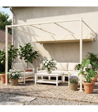 Pérgola de Pared de Jardín 3x3 m con Techo Retráctil Protección UPF30+ Drenaje Cenador de Jardín para Exterior Beige