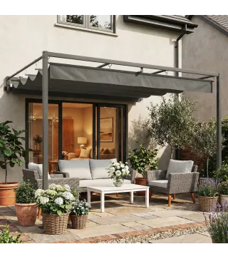 Pérgola de Pared de Jardín 3x3 m con Techo Retráctil Protección UPF30+ Drenaje Cenador de Jardín para Exterior Gris