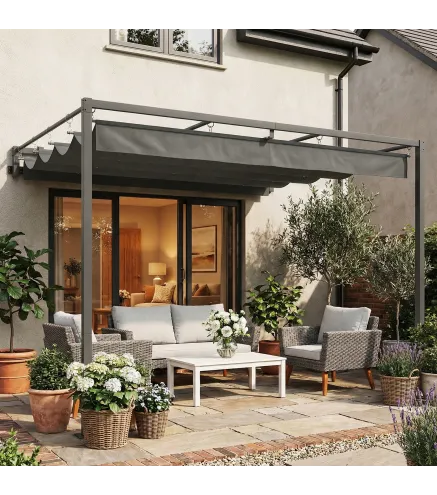 Pérgola de Pared de Jardín 3x3 m con Techo Retráctil Protección UPF30+ Drenaje Cenador de Jardín para Exterior Gris