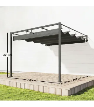 Pérgola de Pared de Jardín 3x3 m con Techo Retráctil Protección UPF30+ Drenaje Cenador de Jardín para Exterior Gris