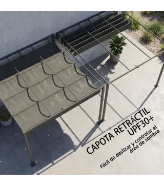 Pérgola de Pared de Jardín 3x3 m con Techo Retráctil Protección UPF30+ Drenaje Cenador de Jardín para Exterior Gris