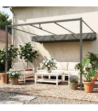 Pérgola de Pared de Jardín 3x3 m con Techo Retráctil Protección UPF30+ Drenaje Cenador de Jardín para Exterior Gris