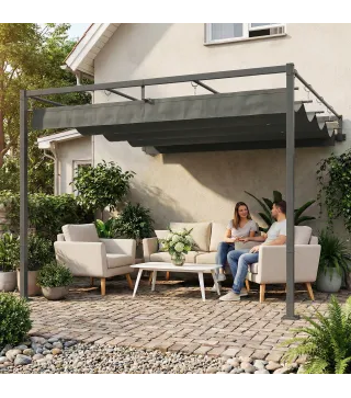 Pérgola de Pared de Jardín 3x3 m con Techo Retráctil Protección UPF30+ Drenaje Cenador de Jardín para Exterior Gris