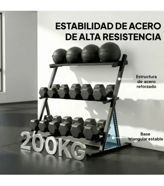 Soporte para Mancuernas de 3 Niveles Estante de Pesas de Acero con Barras Ajustables para Gimnasio Casa Carga 200 kg
