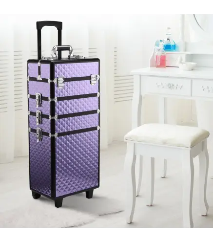 Maletín de Maquillaje Profesional con Ruedas Universales Distintos Niveles Asa Extensible Maletín Maquillaje Trolley Aleación de