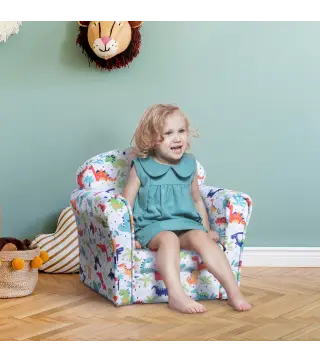 Sillón Infantil para +18 Meses con Estampado de Dinosaurios Acolchado de Espuma y Franela 50x39x44 cm Multicolor