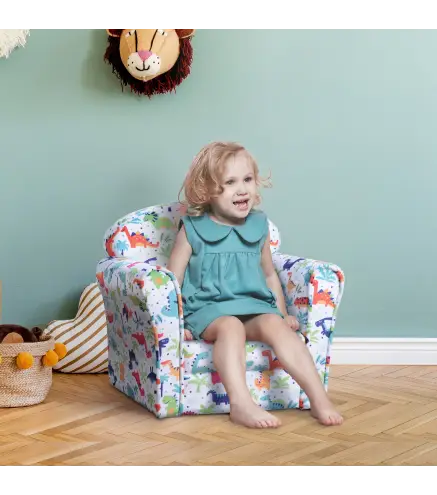 Sillón Infantil para +18 Meses con Estampado de Dinosaurios Acolchado de Espuma y Franela 50x39x44 cm Multicolor