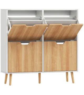 Zapatero Estrecho con 4 Cajones Abatibles y Estantes Ajustables para 16 Pares 95x26x95 cm Natural y Blanco
