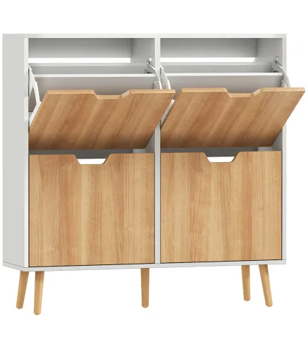 Zapatero Estrecho con 4 Cajones Abatibles y Estantes Ajustables para 16 Pares 95x26x95 cm Natural y Blanco