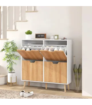 Zapatero Estrecho con 4 Cajones Abatibles y Estantes Ajustables para 16 Pares 95x26x95 cm Natural y Blanco