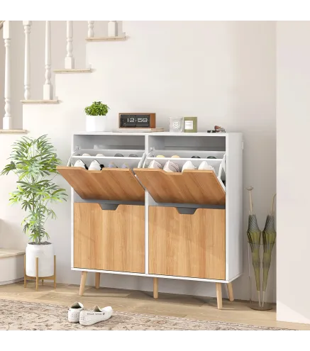 Zapatero Estrecho con 4 Cajones Abatibles y Estantes Ajustables para 16 Pares 95x26x95 cm Natural y Blanco