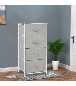 Cómoda con 4 Cajones de Tela, Cómoda para Dormitorio, Marco de Acero, Cajonera para Salón, Oficina, Vestidor, Gris