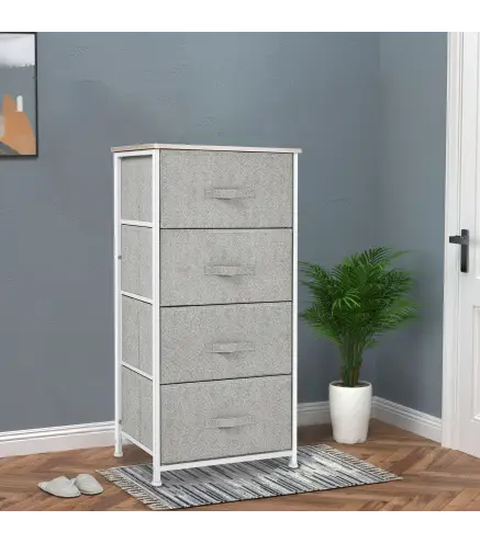 Cómoda con 4 Cajones de Tela, Cómoda para Dormitorio, Marco de Acero, Cajonera para Salón, Oficina, Vestidor, Gris