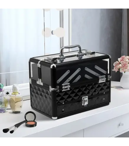Maletín de Maquillaje Bisutería Organizador Cosméticos Portátil Múltiples Niveles Con Asa y Bandejas Desplegables Aleaci