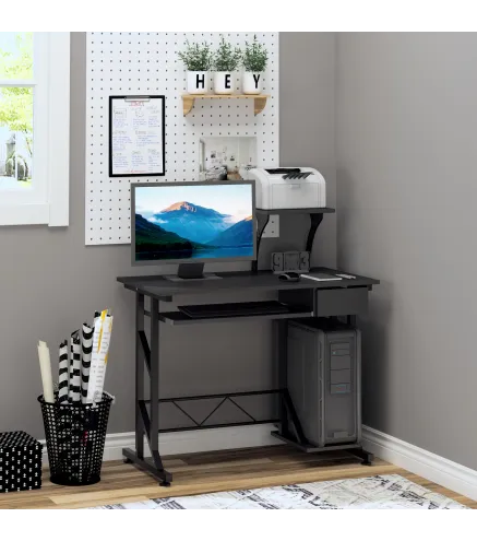 Mesa de Escritorio Mesa de Estudio con Bandeja de Teclado y Cajón Mesa de Ordenador para Despacho 90x50x100 cm Negro