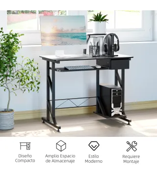 Mesa de Escritorio Mesa de Estudio con Bandeja de Teclado y Cajón Mesa de Ordenador para Despacho 90x50x100 cm Negro