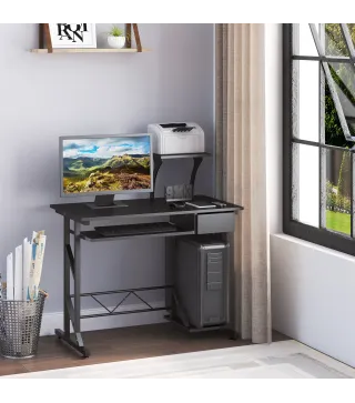 Mesa de Escritorio Mesa de Estudio con Bandeja de Teclado y Cajón Mesa de Ordenador para Despacho 90x50x100 cm Negro