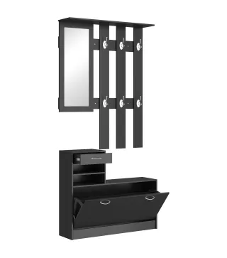 Conjunto de Recibidor de Entrada con Espejo Perchero y Zapatero Muebles de Recibidor de 2 Piezas con 6 Ganchos Negro