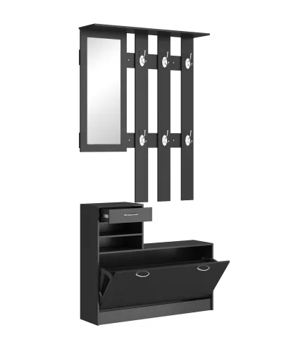Conjunto de Recibidor de Entrada con Espejo Perchero y Zapatero Muebles de Recibidor de 2 Piezas con 6 Ganchos Negro