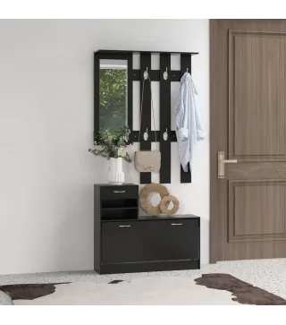 Conjunto de Recibidor de Entrada con Espejo Perchero y Zapatero Muebles de Recibidor de 2 Piezas con 6 Ganchos Negro