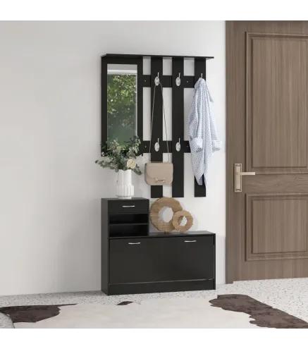 Conjunto de Recibidor de Entrada con Espejo Perchero y Zapatero Muebles de Recibidor de 2 Piezas con 6 Ganchos Negro