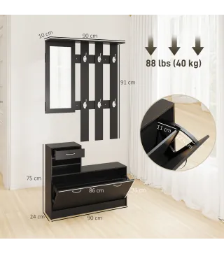 Conjunto de Recibidor de Entrada con Espejo Perchero y Zapatero Muebles de Recibidor de 2 Piezas con 6 Ganchos Negro
