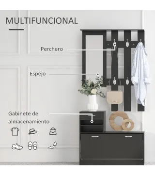 Conjunto de Recibidor de Entrada con Espejo Perchero y Zapatero Muebles de Recibidor de 2 Piezas con 6 Ganchos Negro