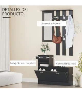 Conjunto de Recibidor de Entrada con Espejo Perchero y Zapatero Muebles de Recibidor de 2 Piezas con 6 Ganchos Negro