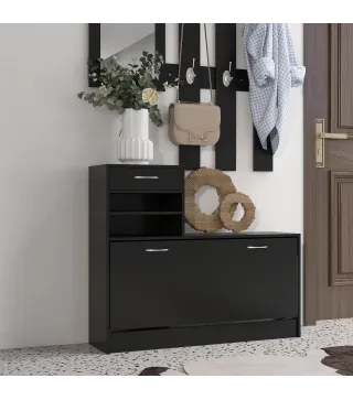 Conjunto de Recibidor de Entrada con Espejo Perchero y Zapatero Muebles de Recibidor de 2 Piezas con 6 Ganchos Negro