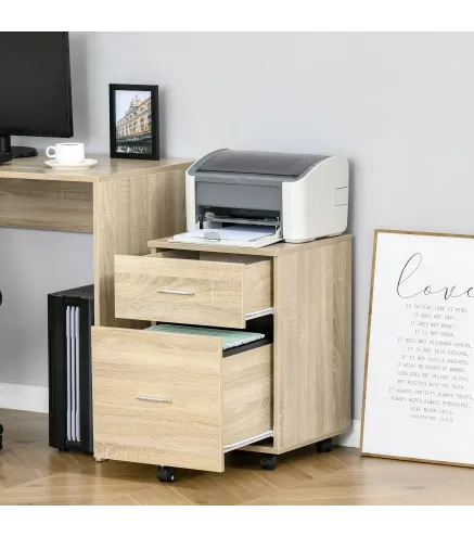 Cajonera de Escritorio con 2 Cajones Ruedas Archivador Móvil para Archivos A4 o Cartas 39,5x39x58,5 cm Roble