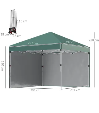 Carpa Plegable Pop-up 3x3 m con 2 Paredes Laterales Anti-UV Altura Ajustable Sacos de Arena y Bolsa de Transporte Verde