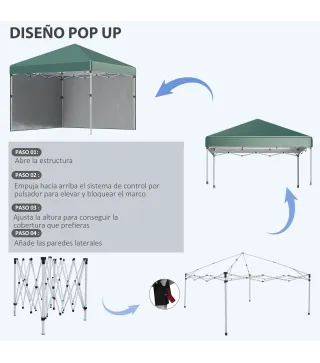 Carpa Plegable Pop-up 3x3 m con 2 Paredes Laterales Anti-UV Altura Ajustable Sacos de Arena y Bolsa de Transporte Verde